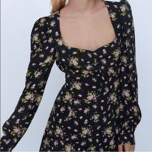 zara black purple floral long sleeve mini dress